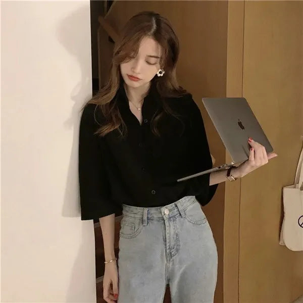 RBB Women's Retro Quarter Sleeve Shirt – Loose Fit Casual Summer Outerwear