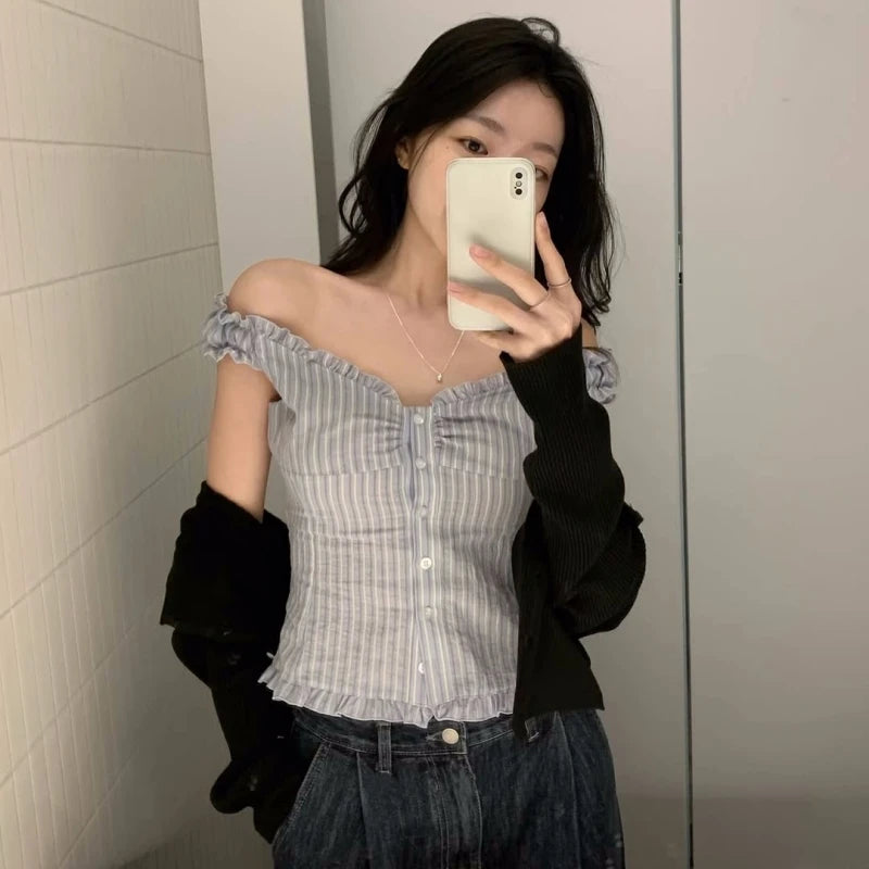 RBB Women's  Striped Lace Trim Shirt – Slim Fit Cotton Long Sleeve Blouse