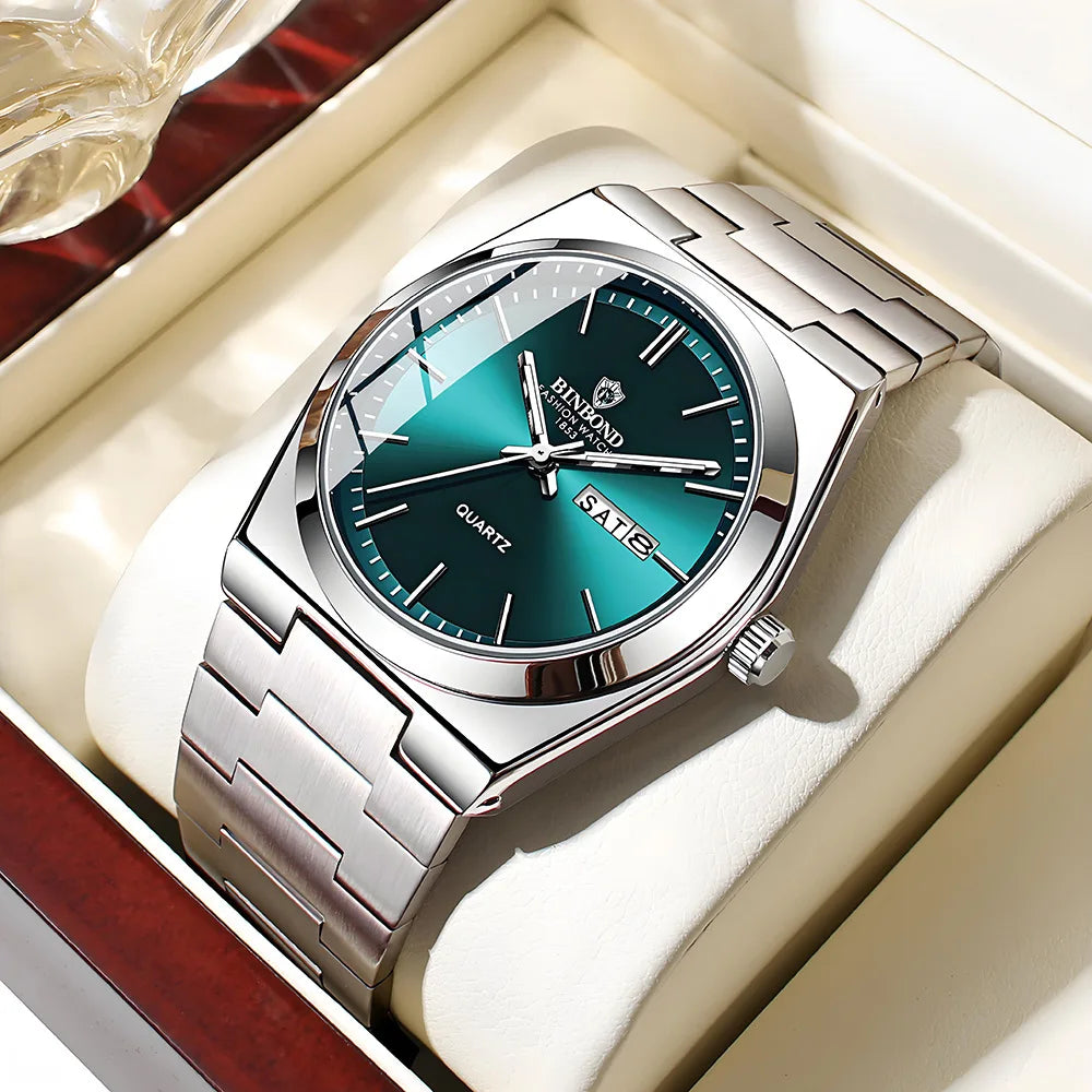 RBB Men’s Luxury Quartz Watch – Stainless Steel, Double Calendar, Waterproof, Business & Leisure Style