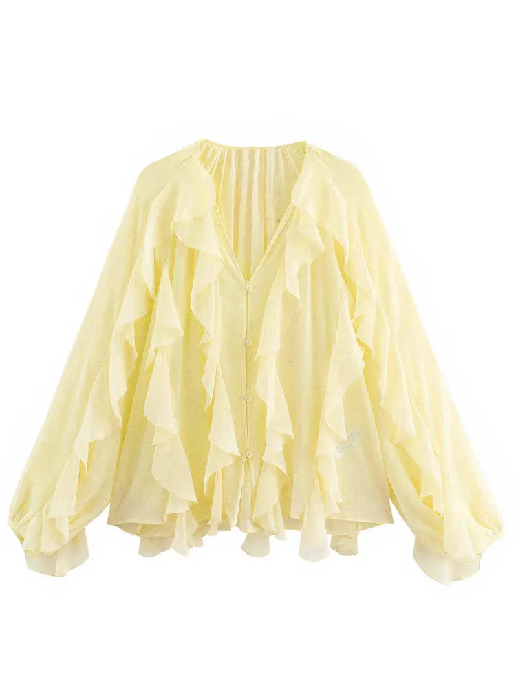 RBB Women's Summer V-Neck Ruffle Blouse – Sheer Tiered Button-Front Beach Top