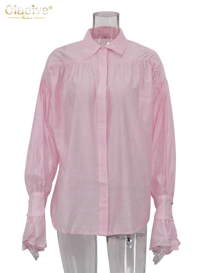 RBB Women's Elegant Pink Office Blouse – Long Sleeve Lapel Classic Shirt Top