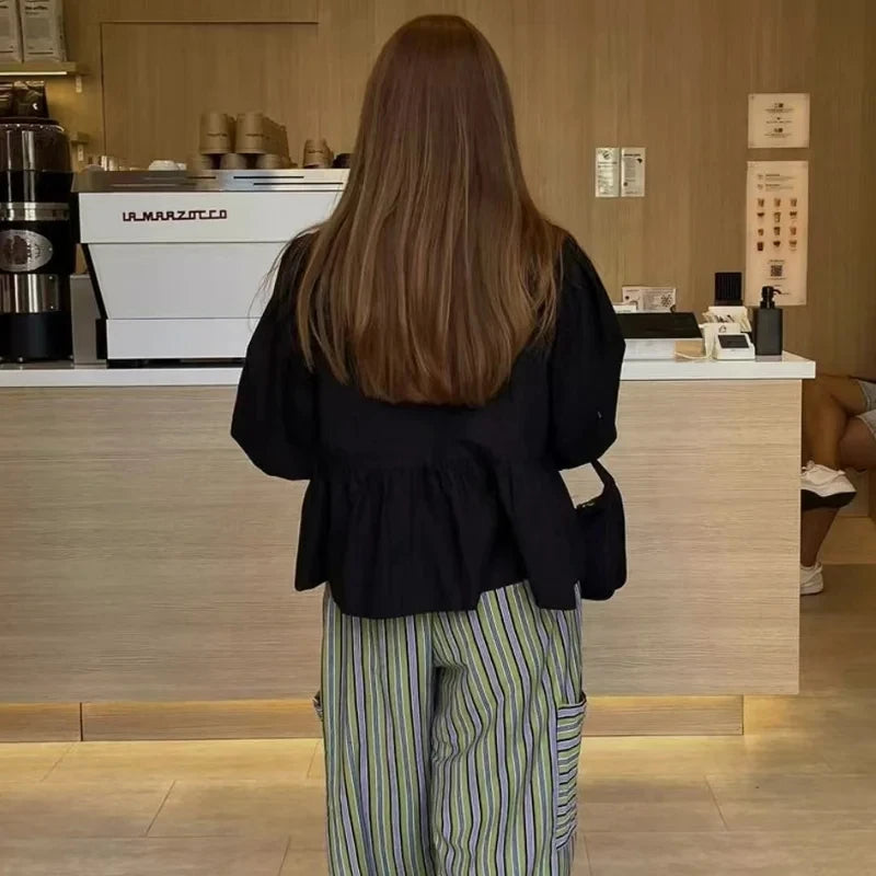 RBB Women's Ruffle Puff Sleeve Blouse – Ruched Crop Top Shirt (White & Black)