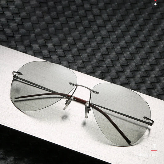 RBB Ultra-Light Frameless Photochromic Sunglasses | Polarized Titanium Goggles for Day & Night Driving & Fishing