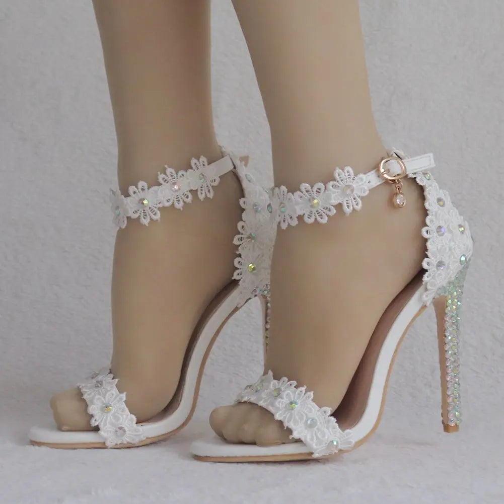 RBB Elegant White Crystal Lace High Heels – Bridal & Party Ankle Strap Sandals (5cm/7cm/9cm/11cm)