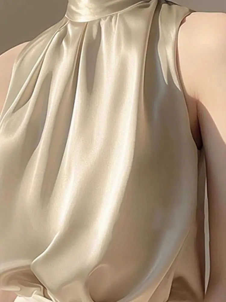 RBB Women's Silky Satin Sleeveless Crop Top – Summer Half Turtleneck Party Blouse