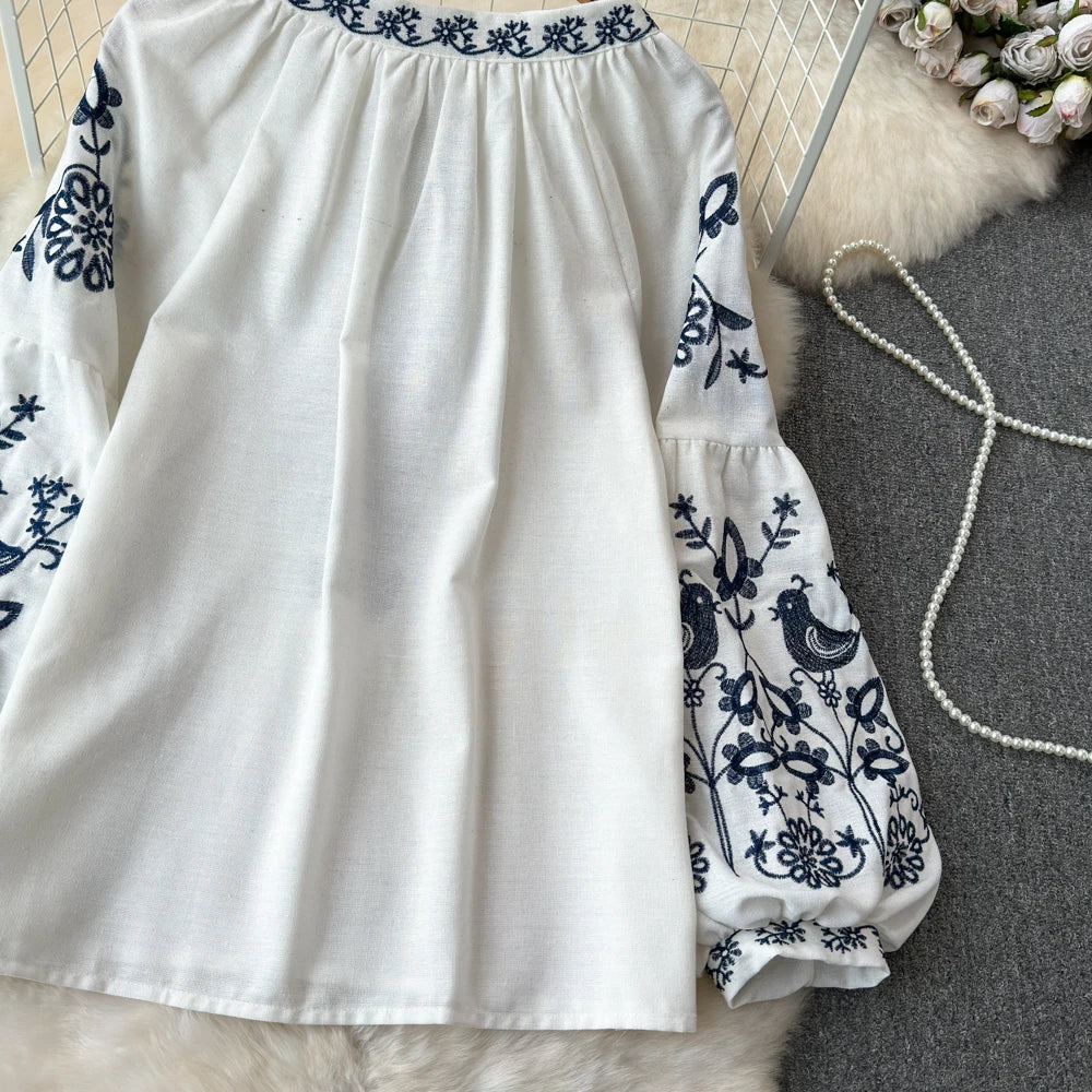 RBB Women's Retro Ethnic Embroidered Shirt –  Style Loose Long Sleeve Blouse