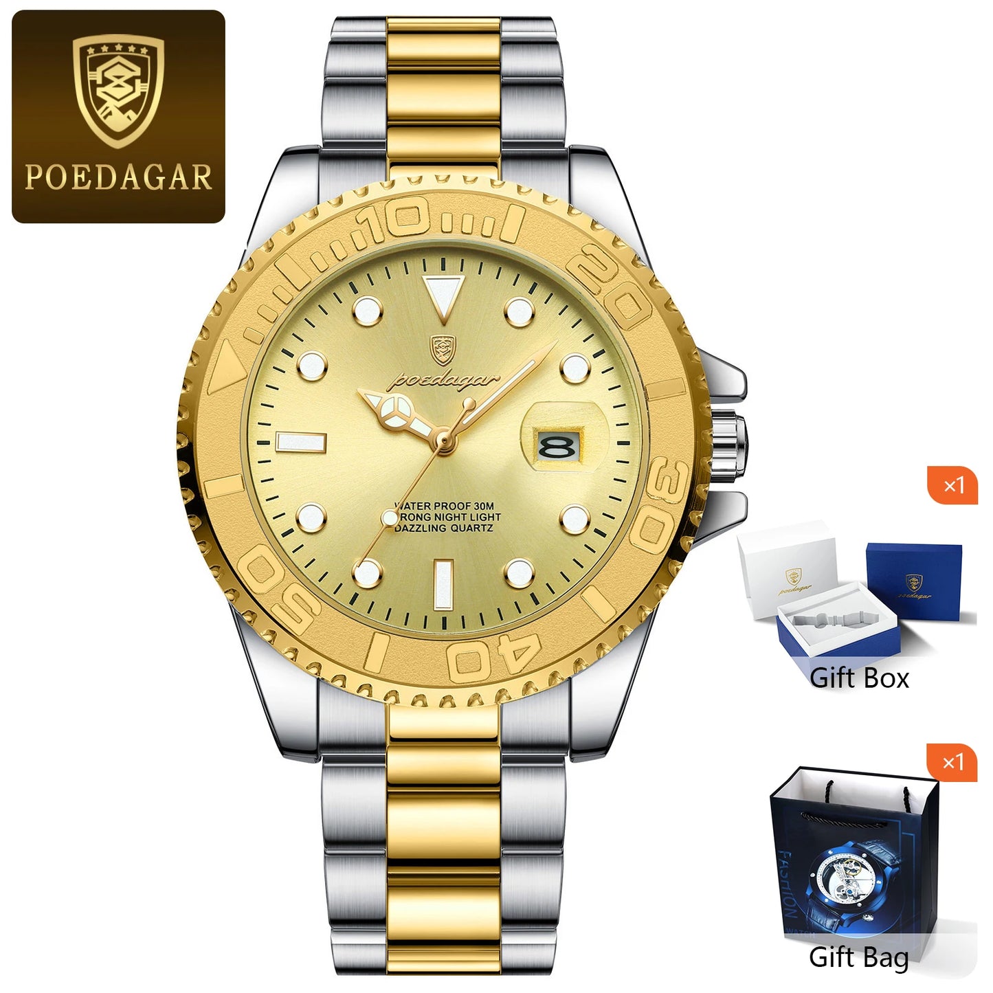 RBB Men’s Waterproof Luminous Stainless Steel Quartz Watch – Business Date Wristwatch with Gift Box