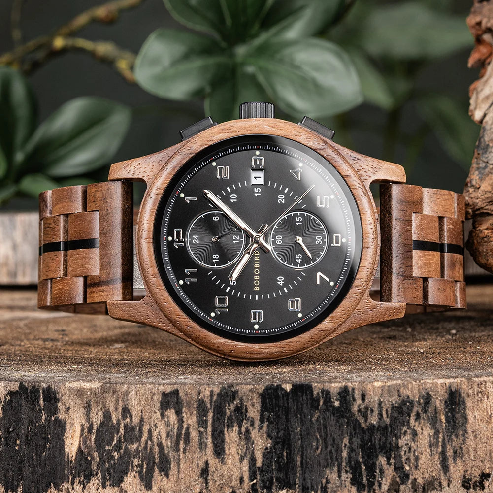 RBB Wooden Chronograph Watch for Men – Luminous Hands, Natural Wood Design, Anniversary Gift