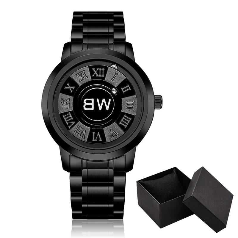 RBB New Men’s Black Stainless Steel Quartz Wristwatch – Magnetic Bead Pointer, Conceptual Dial, Casual Style