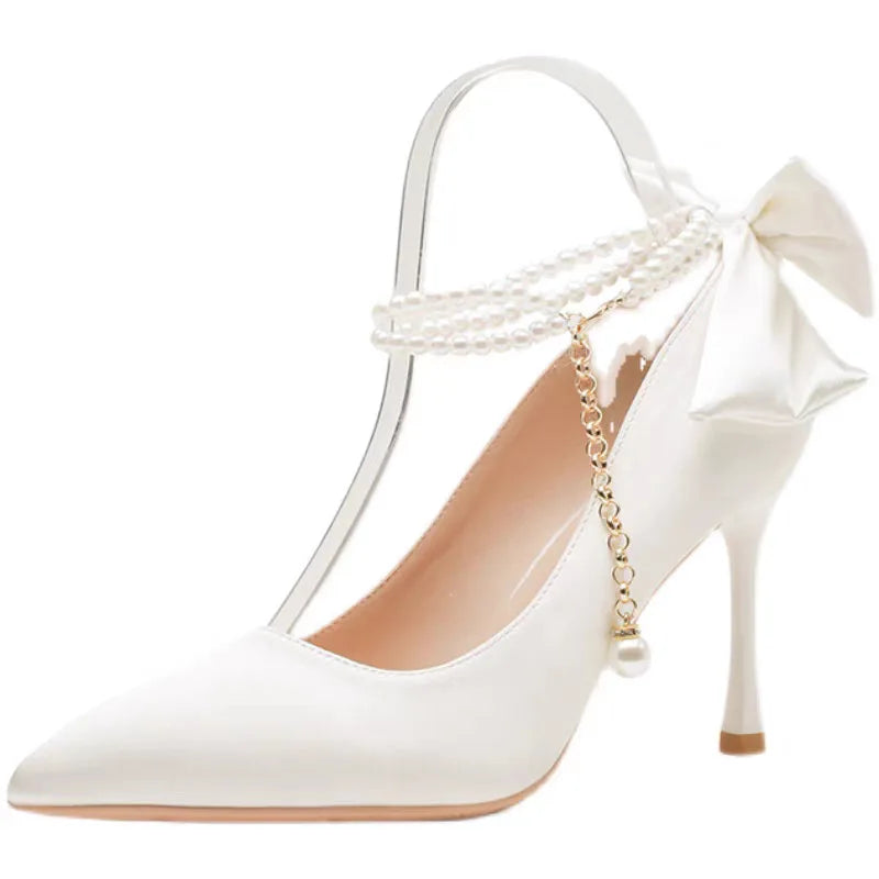 RBB Elegant White Stiletto Heels with Pearl Buckle & Satin Bow – Bridal & Party Pumps (Size 35–40)