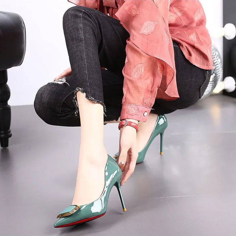 RBB Green Leather Women’s Pumps – Super High Heels (9cm+) | Korean Style Casual Fashion Shoes | Quick Delivery | Size 39