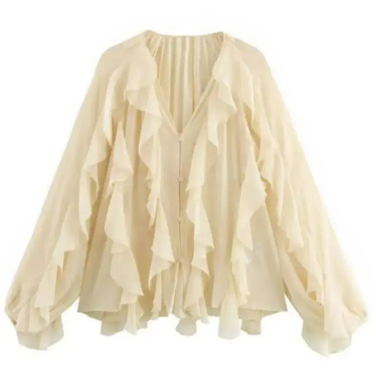 RBB Women's Summer V-Neck Ruffle Blouse – Sheer Tiered Button-Front Beach Top