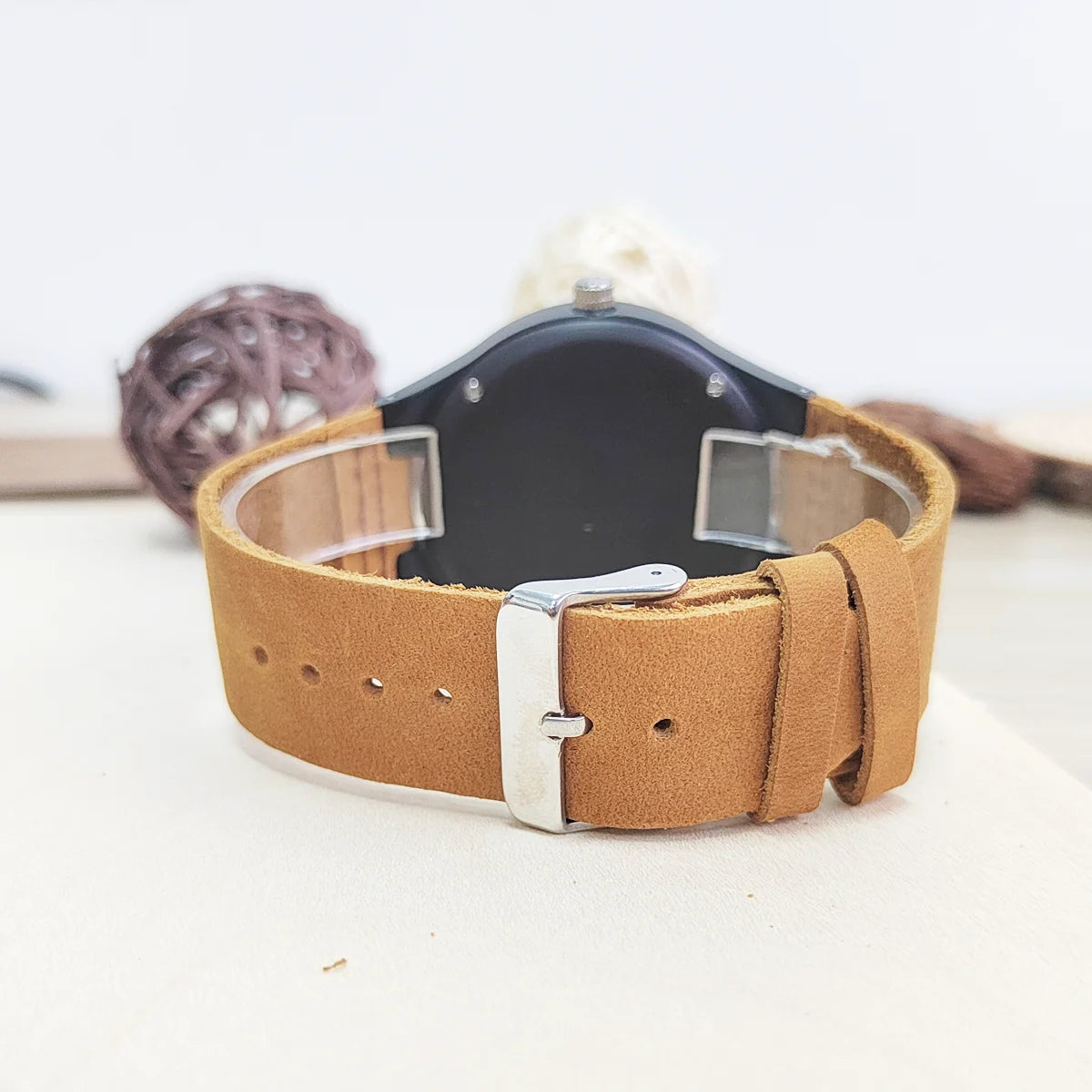 RBB Personalized Wooden Quartz Watch – Unisex Leather Strap, Custom Engraving, Gift-Ready