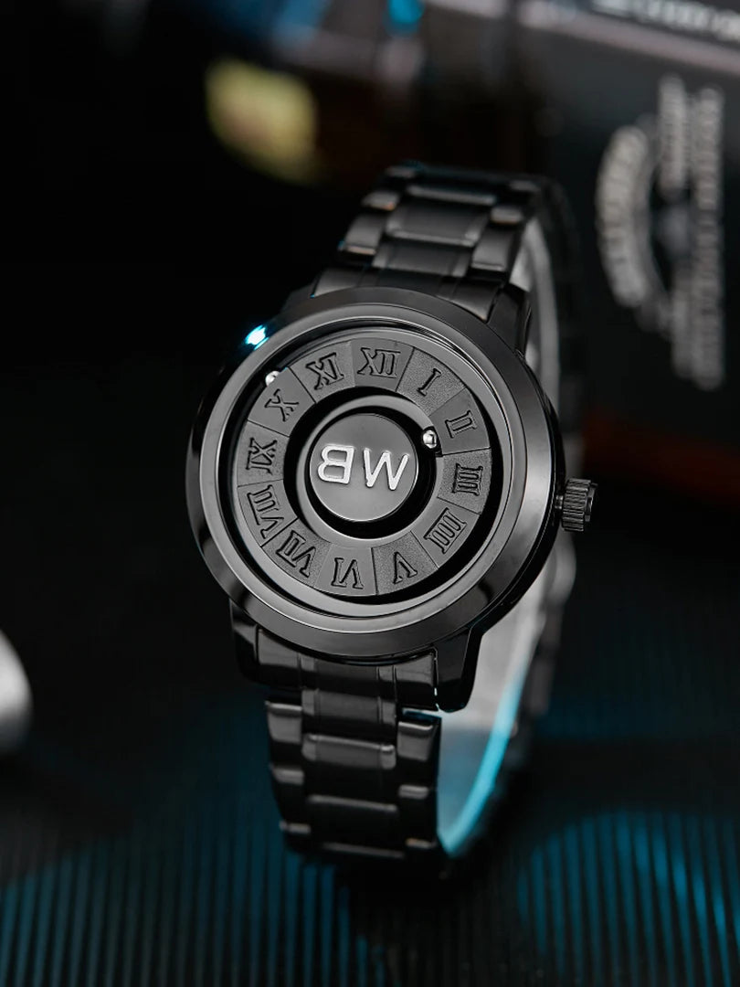 RBB New Men’s Black Stainless Steel Quartz Wristwatch – Magnetic Bead Pointer, Conceptual Dial, Casual Style