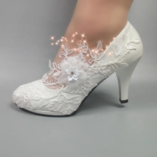 RBB Spring New Round-Toe Waterproof Platform Lace Rhinestone Low-Heel Wedding Shoes – Thin High-Heeled Dress Shoes