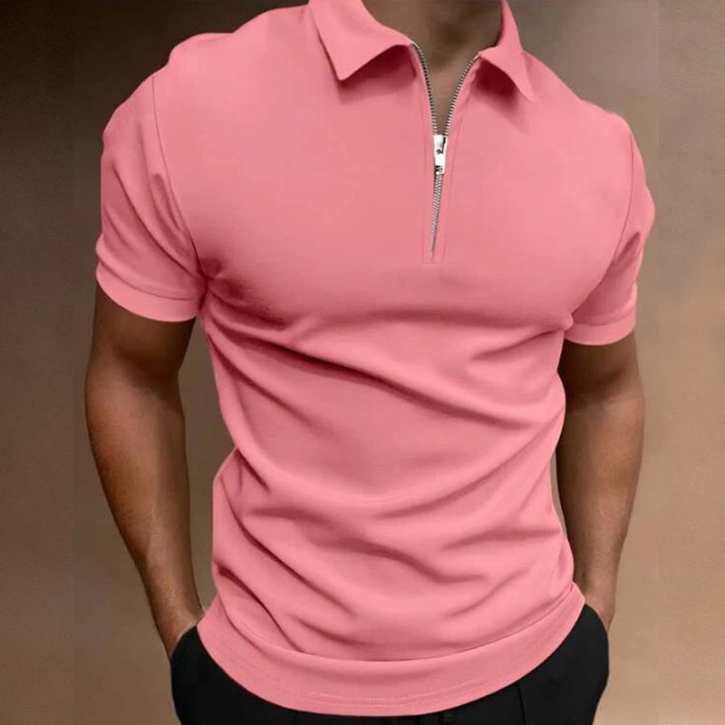 RBB Men’s Summer Solid Color Polo Shirt – Casual Short Sleeve Zipper Collar Streetwear Top