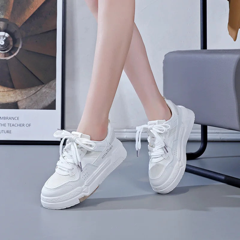Women’s Platform Sneakers – Autumn 2025, White Breathable Non-Slip Lace-Up Casual Shoes