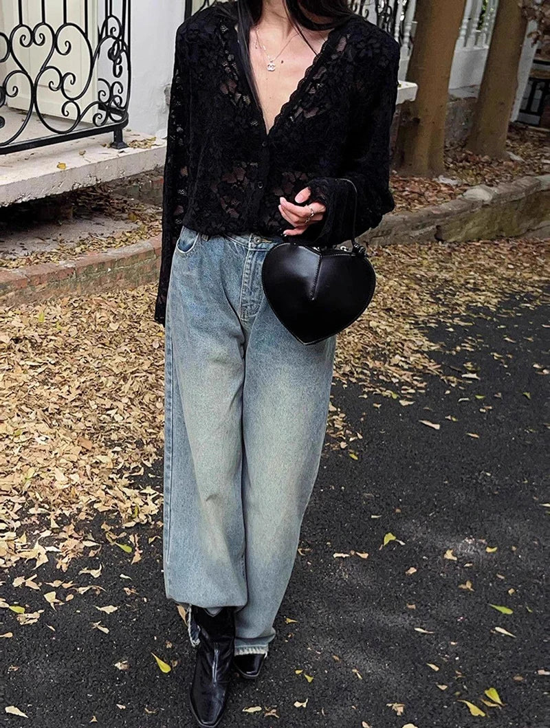 RBB Women's Y2K Lace Sheer Shirt – Sexy Hollow-Out Long Sleeve Streetwear Top