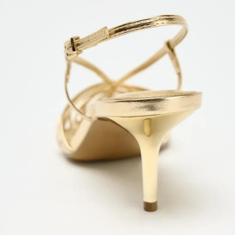 RBB Luxury Gold Women’s Pointed Toe High Heel Sandals – Hollow Slingback Dress Shoes (Summer Elegant Heels)