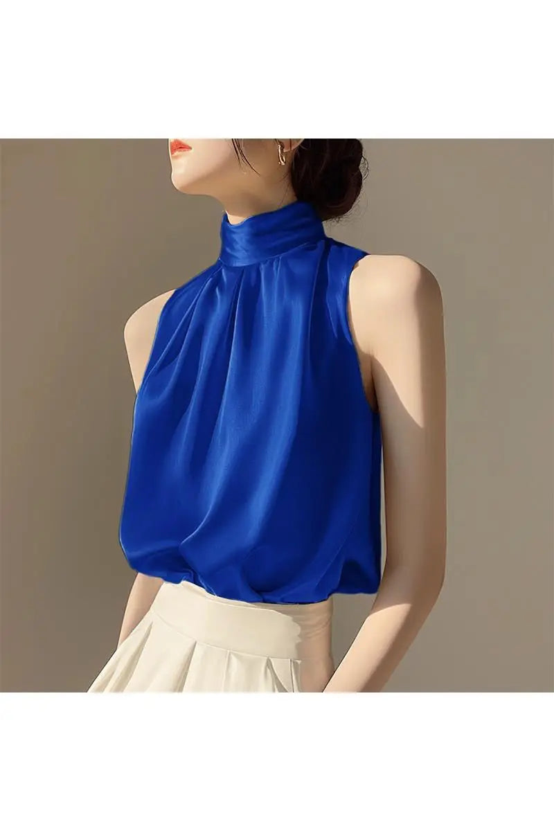 RBB Women's Silky Satin Sleeveless Crop Top – Summer Half Turtleneck Party Blouse