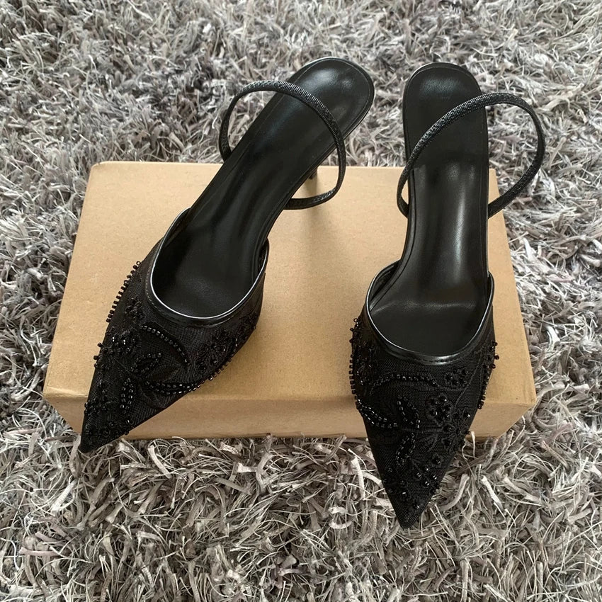 RBB Black Embroidered Mesh Slingback High Heels – Elegant Wedding & Party Pumps for Women