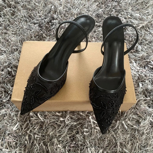 RBB Black Embroidered Mesh Slingback High Heels – Elegant Wedding & Party Pumps for Women