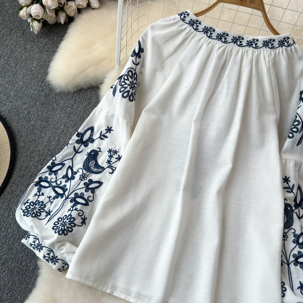 RBB Women's Retro Ethnic Embroidered Shirt –  Style Loose Long Sleeve Blouse