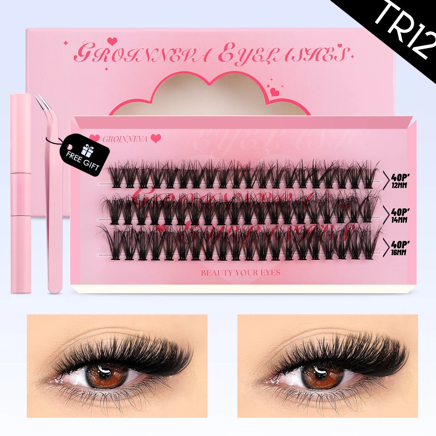 DIY Lash Clusters Set – Mixed Fluffy Individual Extensions with Lash Bond & Seal Kit