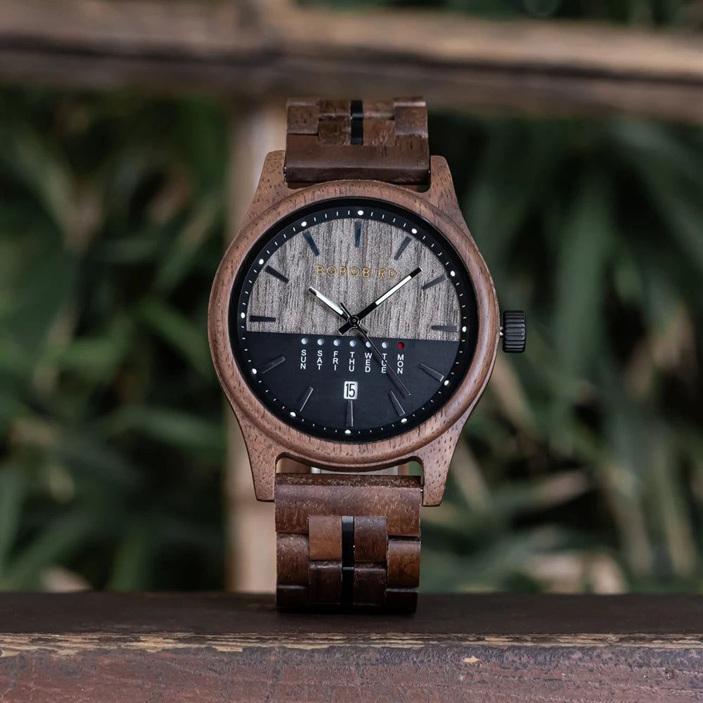 RBB Men's Wooden Quartz Watch – Unique Design with Week & Date Display