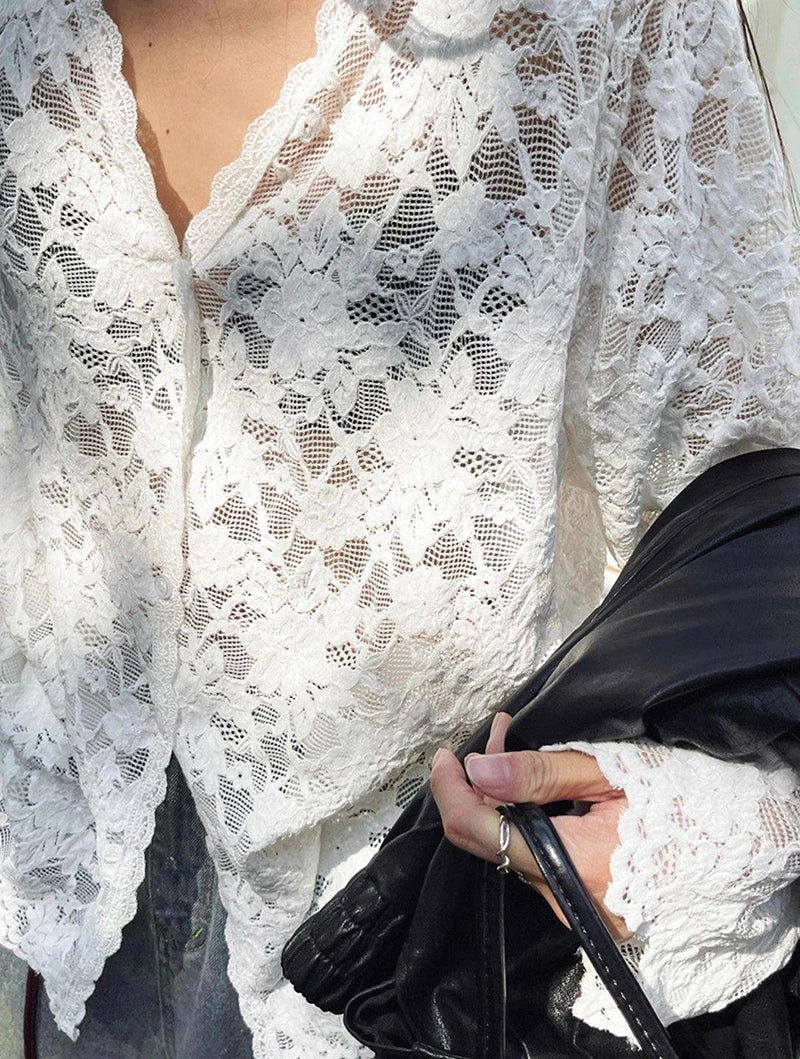 RBB Women's Y2K Lace Sheer Shirt – Sexy Hollow-Out Long Sleeve Streetwear Top