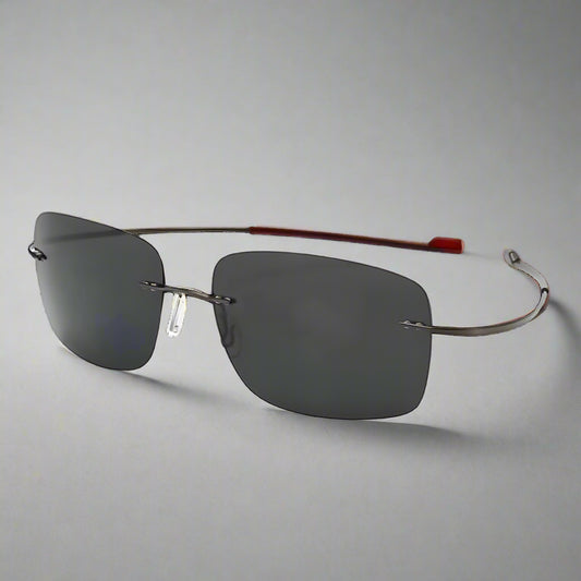 Sunglasses with text highlighting features on a white background