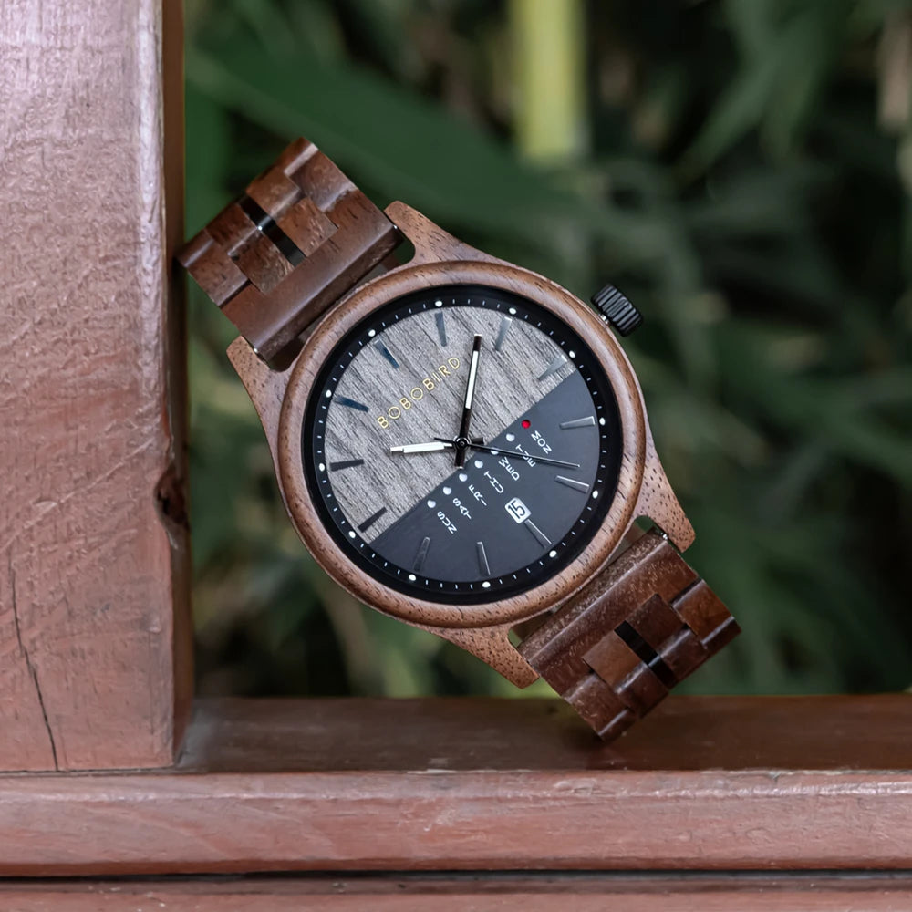 RBB Men's Wooden Quartz Watch – Unique Design with Week & Date Display