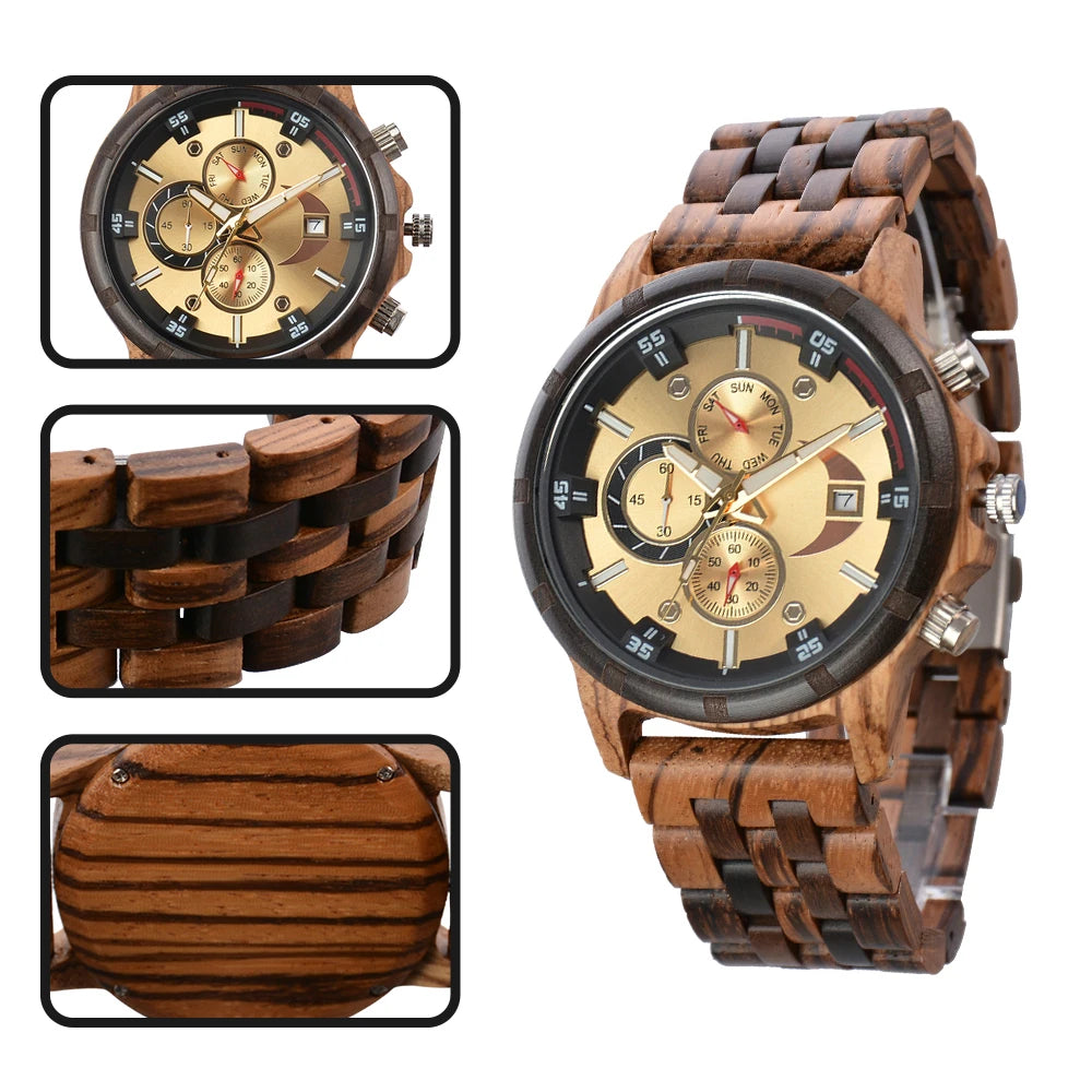RBB Men’s Wooden Quartz Watch – Date & Week Display with Gift Box