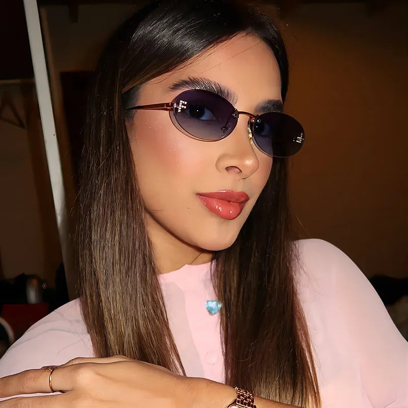 RBB Retro Oval Rimless Sunglasses – Unisex Elegant Diamond Style with Letter “F” Detailing