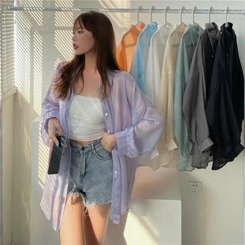 RBB Women’s Semi-Sheer Shimmer Long Sleeve Shirt – Lightweight Button-Down Collared Top for Spring/Summer