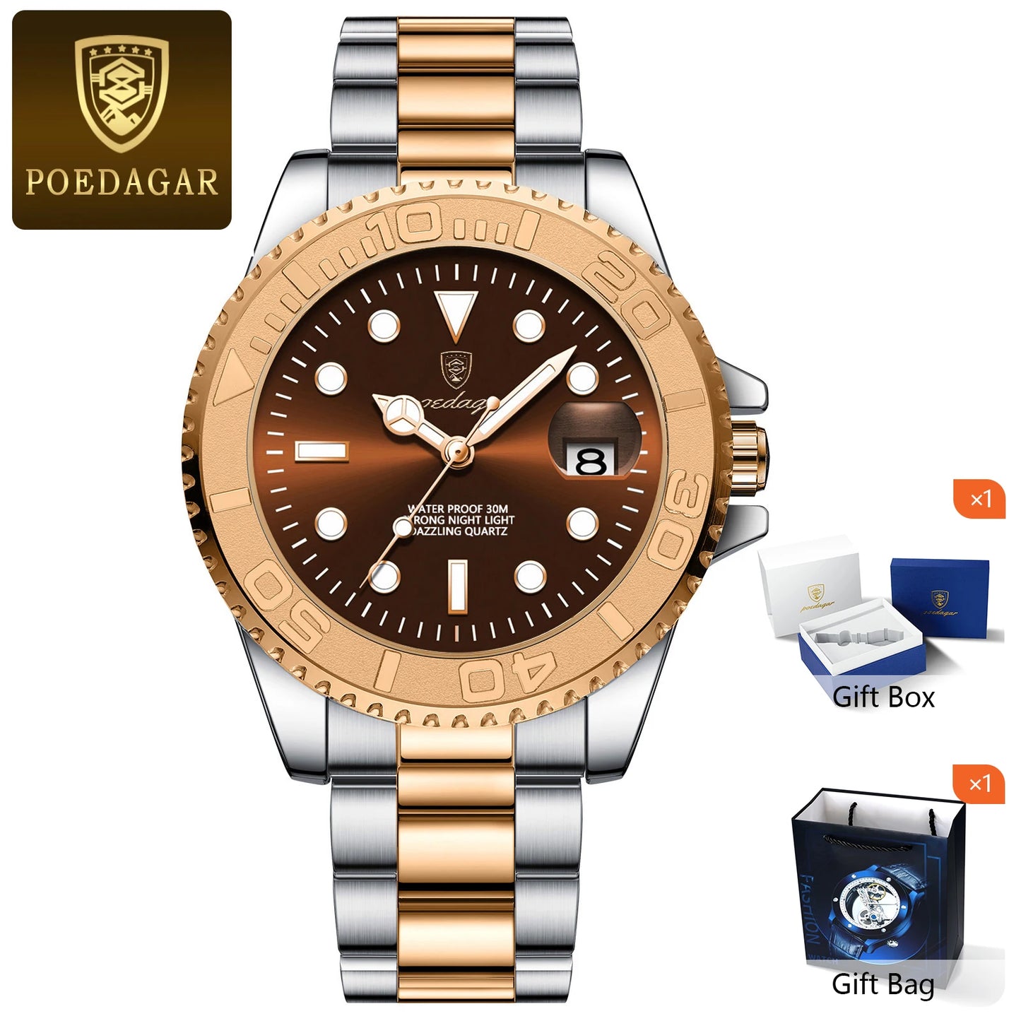 RBB Men’s Waterproof Luminous Stainless Steel Quartz Watch – Business Date Wristwatch with Gift Box