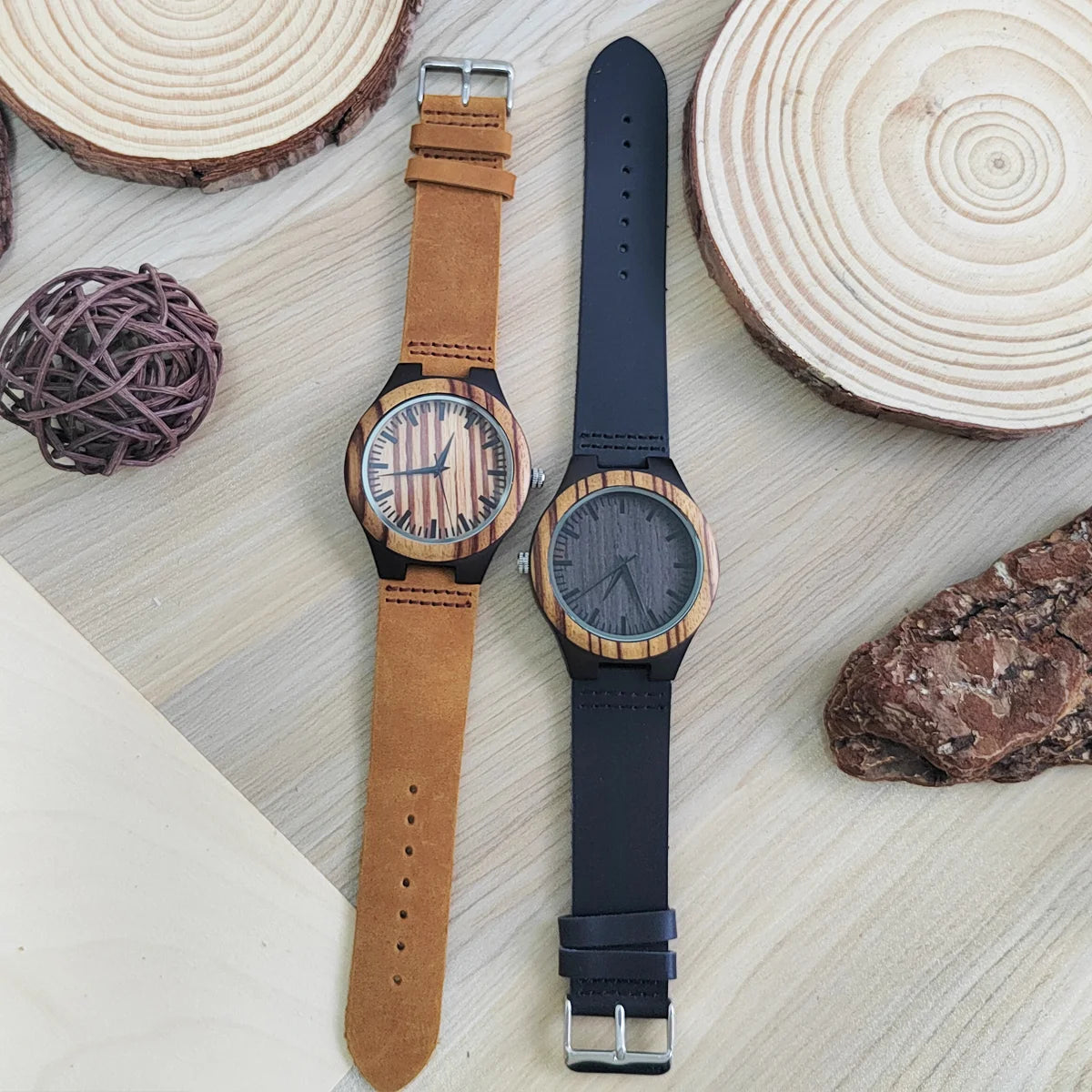 RBB Personalized Wooden Quartz Watch – Unisex Leather Strap, Custom Engraving, Gift-Ready