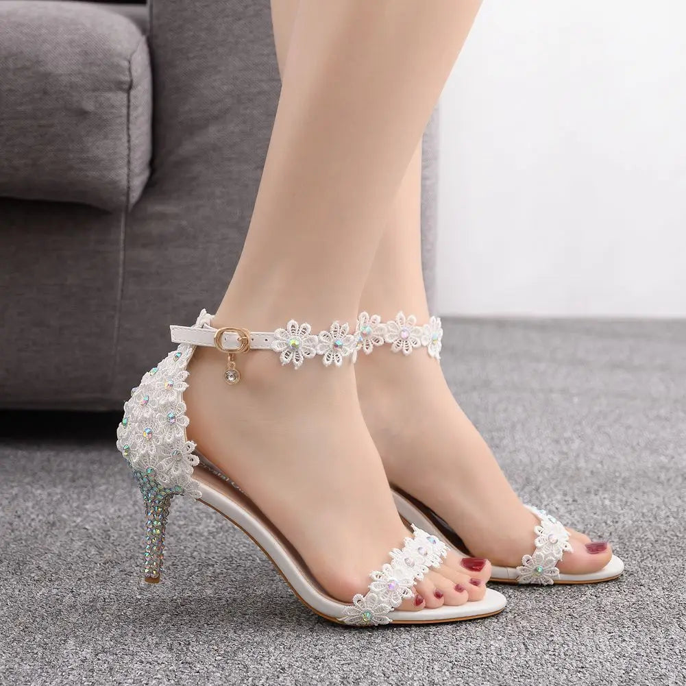 RBB Elegant White Crystal Lace High Heels – Bridal & Party Ankle Strap Sandals (5cm/7cm/9cm/11cm)