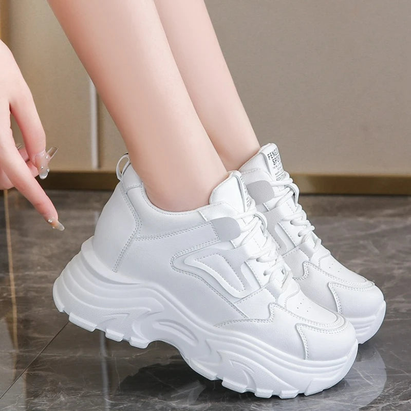 2025 Women’s White PU Leather Platform Sneakers — Lace-Up Thick Sole Casual Vulcanized Shoes