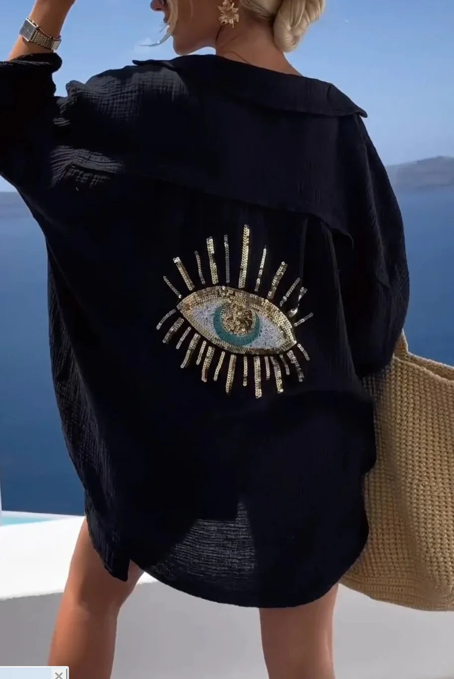 RBB Women's Sequin Evil Eye Shirt – Long Sleeve Loose Cotton Blouse