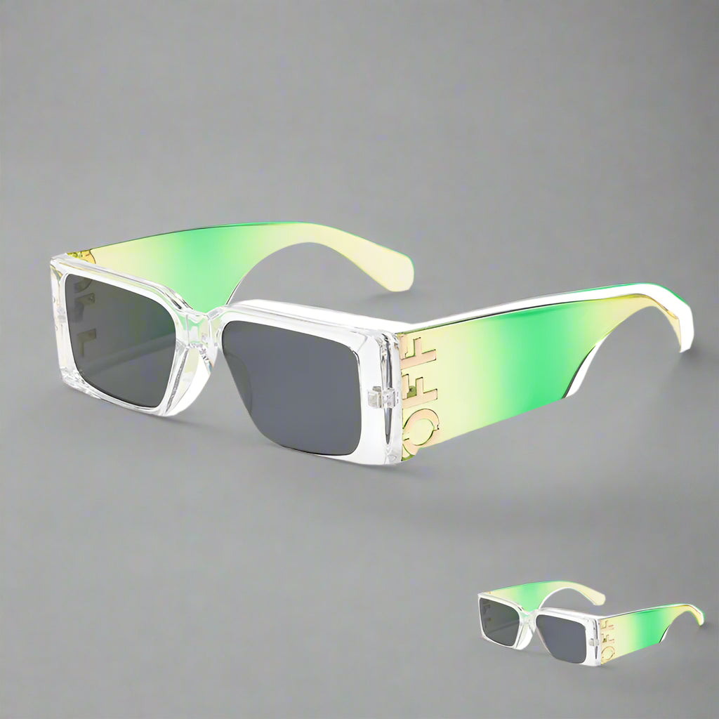 Sunglasses with gradient green and yellow frame and clear temple tips, labeled '2PCS' and 'Buy 1 Get 1 Free'.