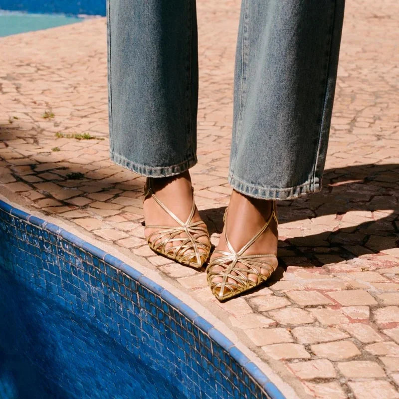 RBB Luxury Gold Women’s Pointed Toe High Heel Sandals – Hollow Slingback Dress Shoes (Summer Elegant Heels)