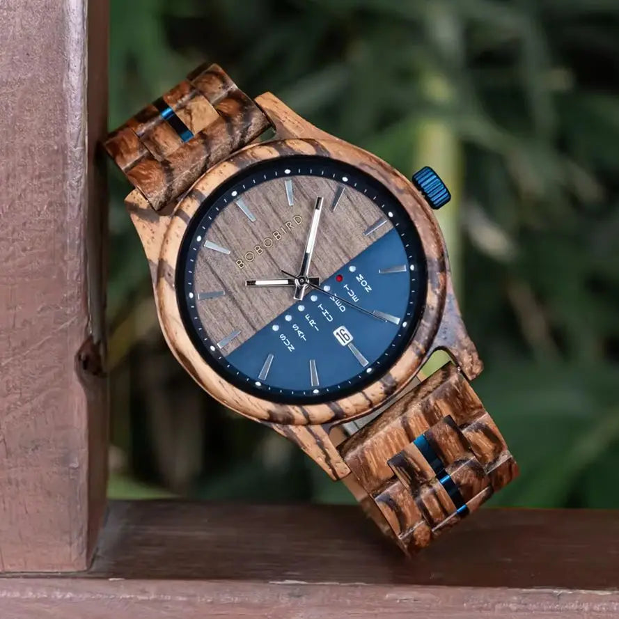 RBB Men's Wooden Quartz Watch – Unique Design with Week & Date Display