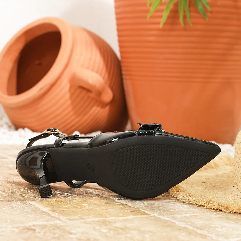 RBB Women’s 9cm Glossy Slingback Pumps – Buckle Strap Pointed-Toe Heels (EU 34–46)