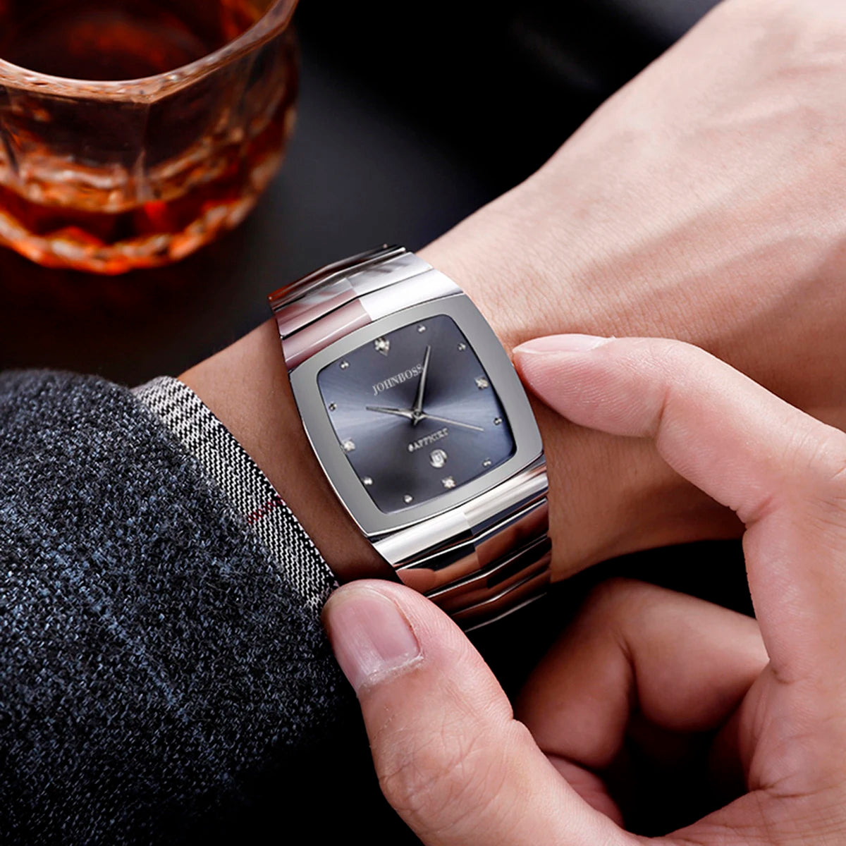 RBB Men's Tungsten Steel Watch – Square Dial, Swiss Ronda Quartz Movement, Sapphire Glass