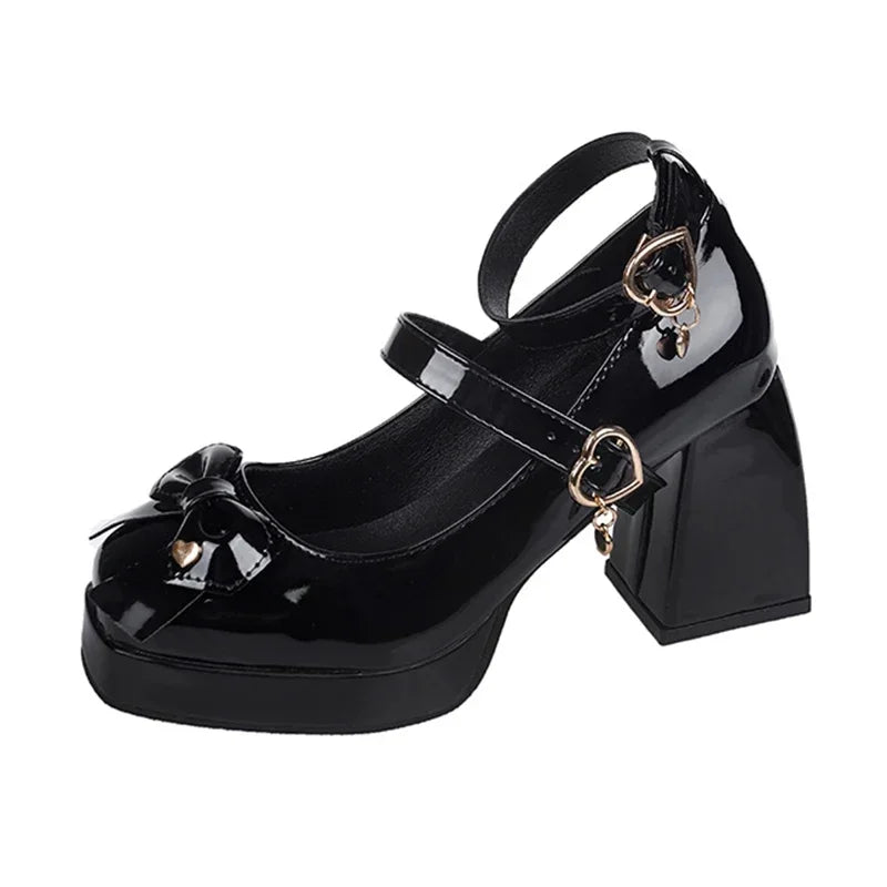 RBB Punk Heart Buckle Black Chunky Platform Pumps – 2025 Spring Lolita Gothic Heels
