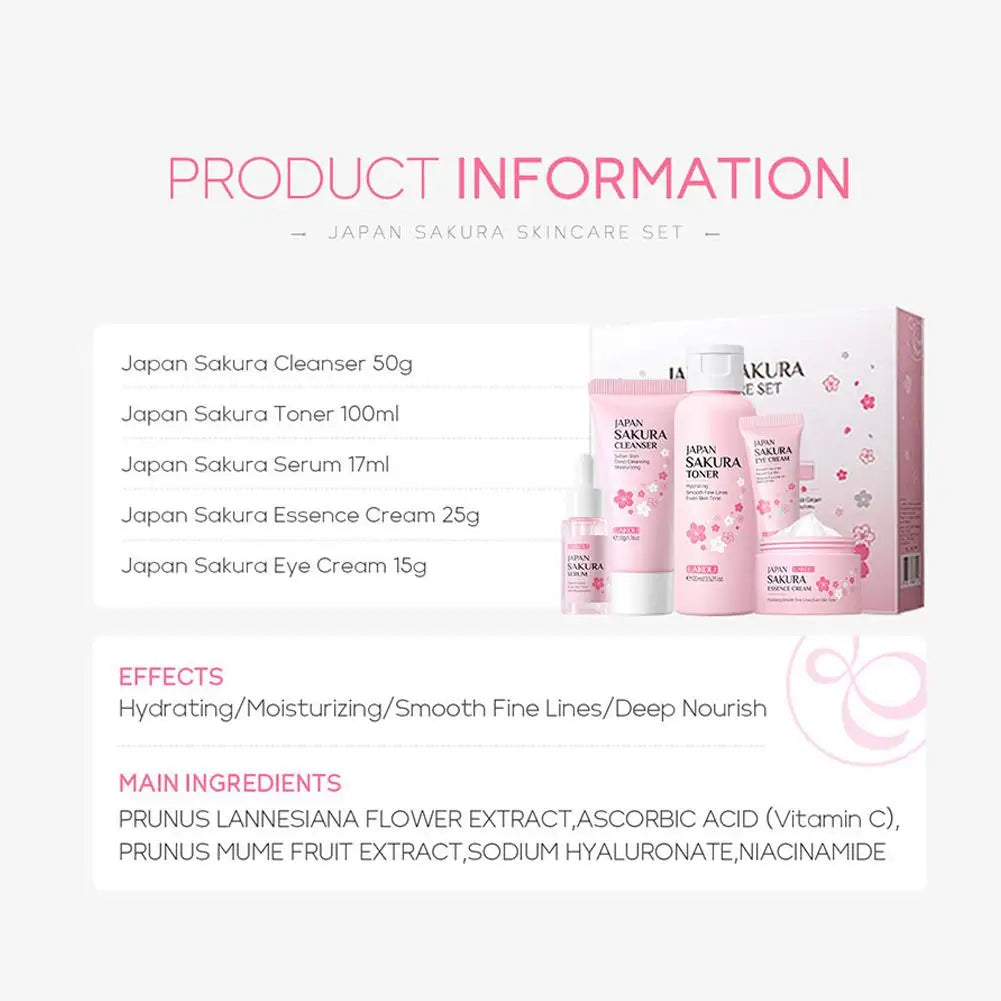 Sakura Skincare Set – 3/5-Piece Face Care Kit with Toner, Serum, Cream & More