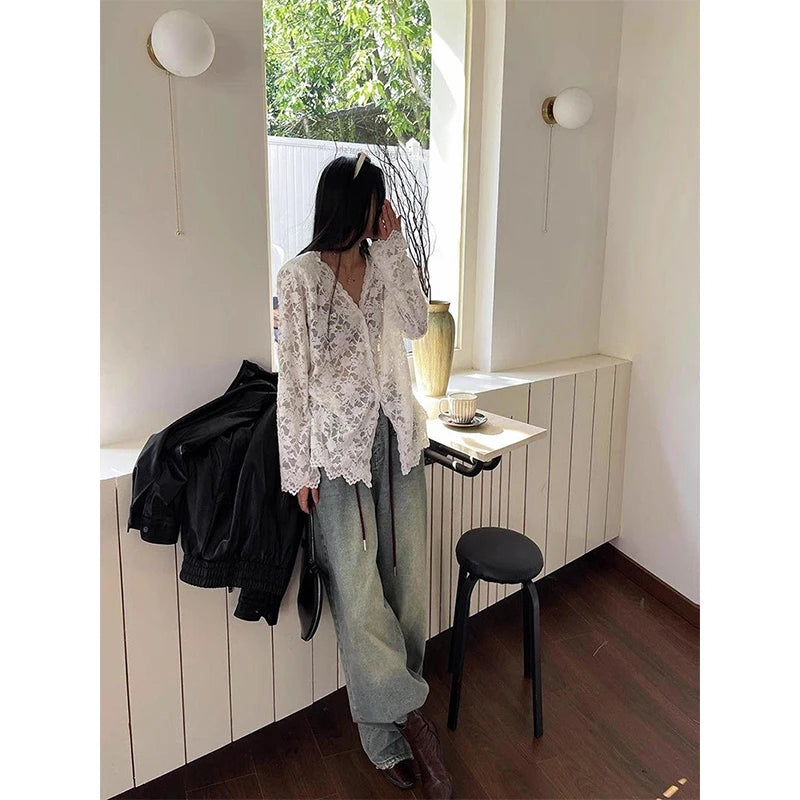 RBB Women's Y2K Lace Sheer Shirt – Sexy Hollow-Out Long Sleeve Streetwear Top