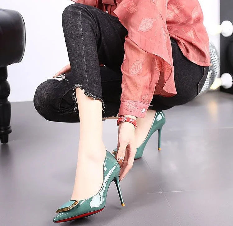 RBB Green Leather Women’s Pumps – Super High Heels (9cm+) | Korean Style Casual Fashion Shoes | Quick Delivery | Size 39