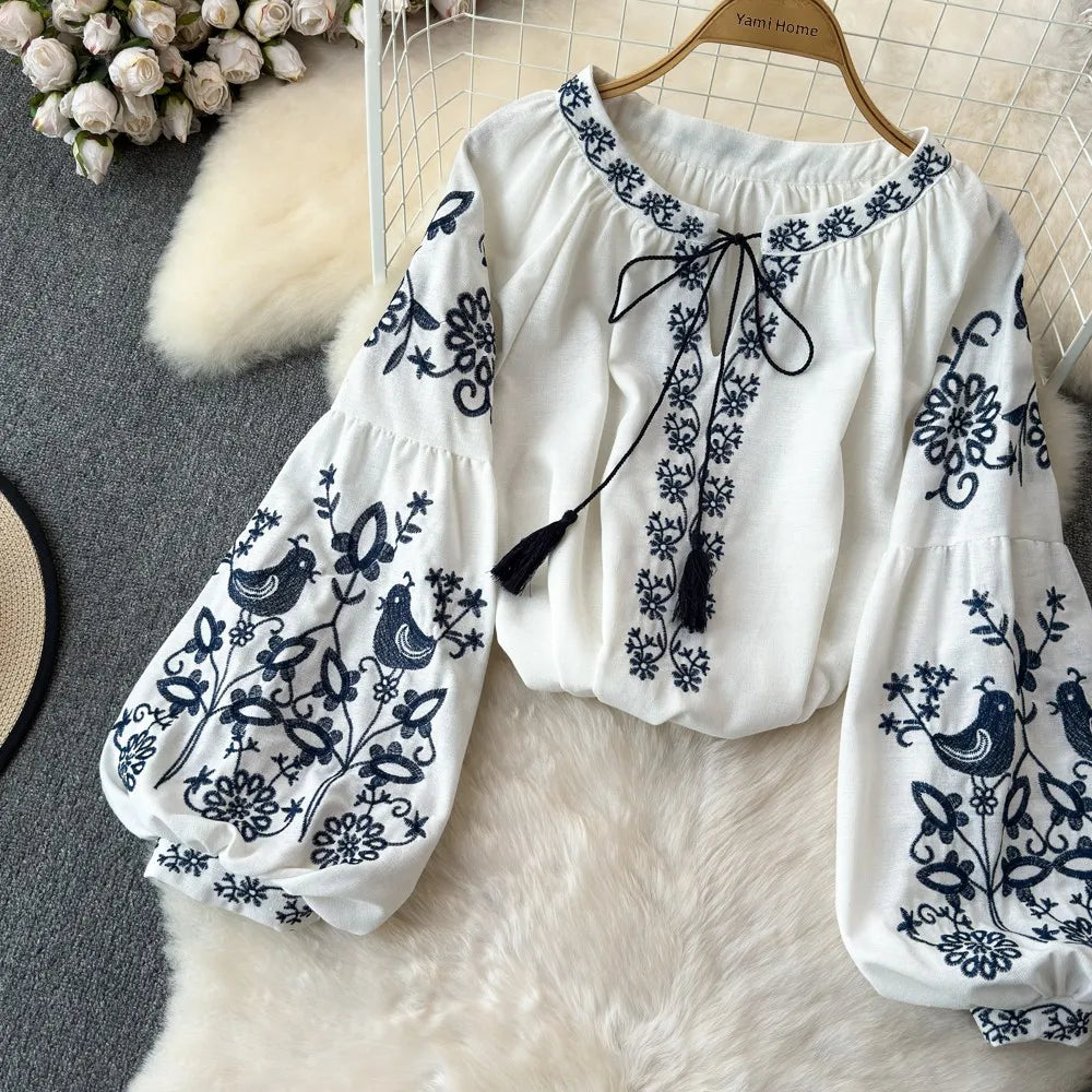 RBB Women's Retro Ethnic Embroidered Shirt –  Style Loose Long Sleeve Blouse